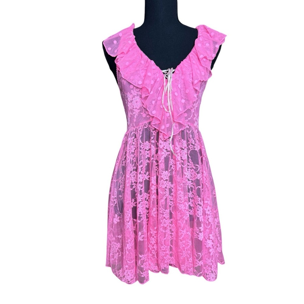 Rare Vintage Betsey Johnson Hot Pink Floral Lace Babydoll Lingerie Dress Sz M